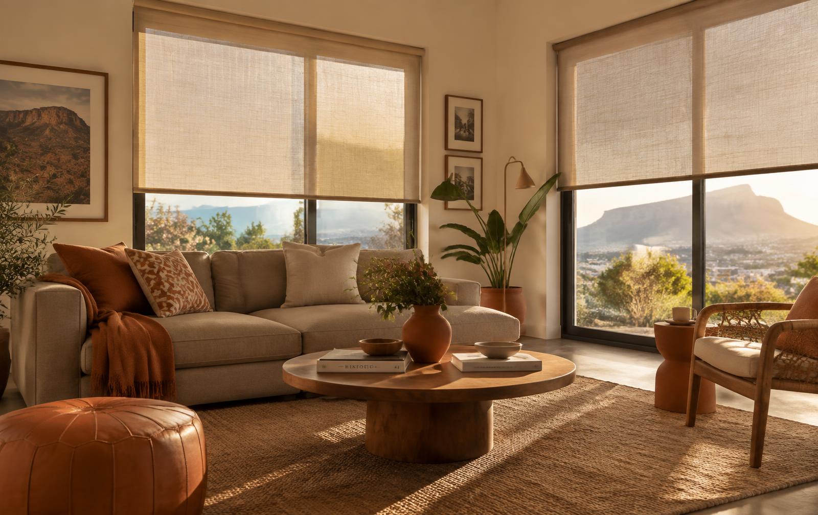 Living room with linen roller blinds in warm afternoon light